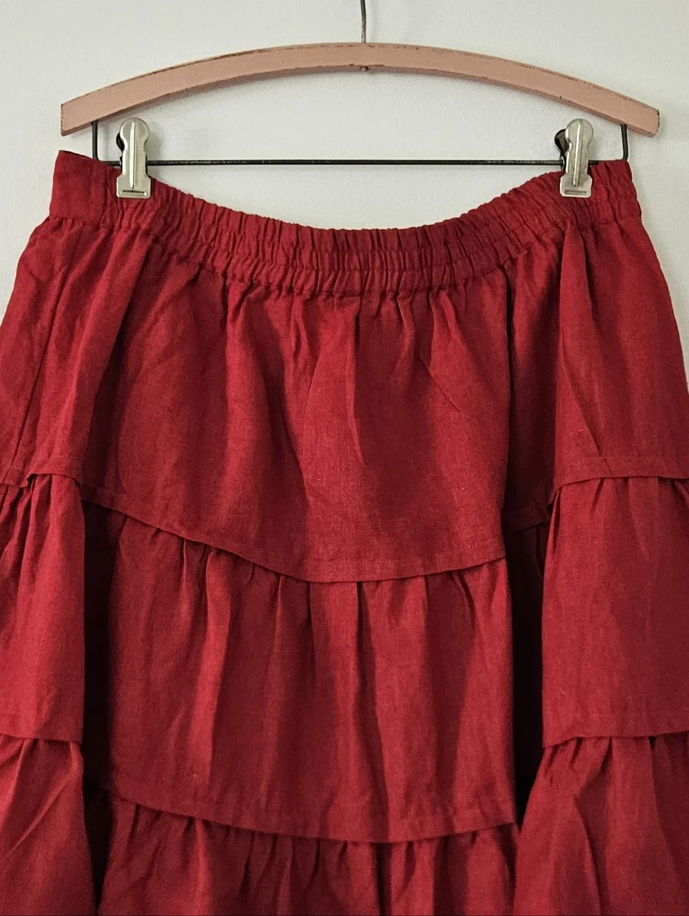Soft Surroundings Skirt L Tiered Linen Red Americana Pin-Up Pull on Flirty Fairy
